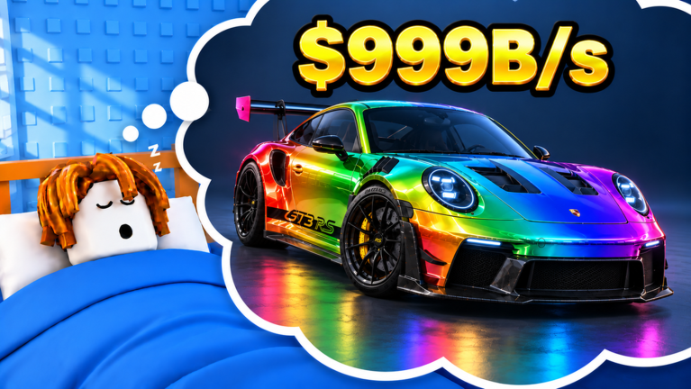 A Roblox character asleep in bed dreaming of a rainbow chrome sports car with a $999B per second counter — Dream Car Collection's offline earnings key art
